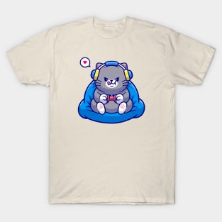 Cute Cat Playing Game Cartoon T-Shirt